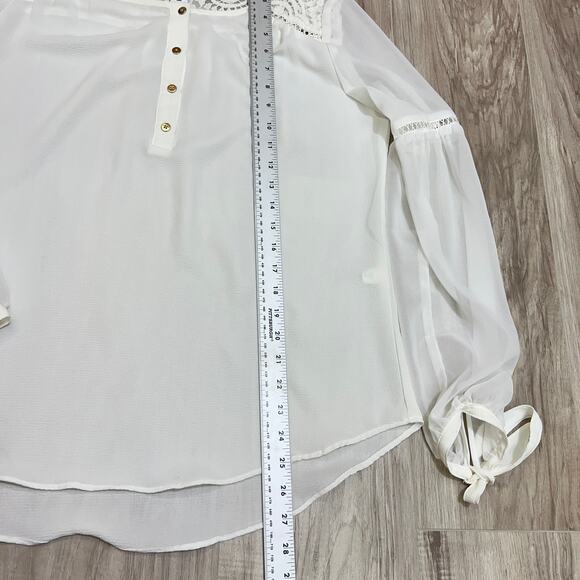White House Black Market Sheer Chiffon Eyelet Lace Yoke Blouse/Tie Sleeves Sz 10 - Picture 7 of 14